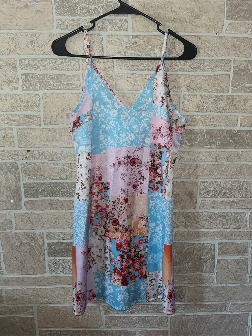 SHEIN Blue Pink Floral Patchwork Slip Dress